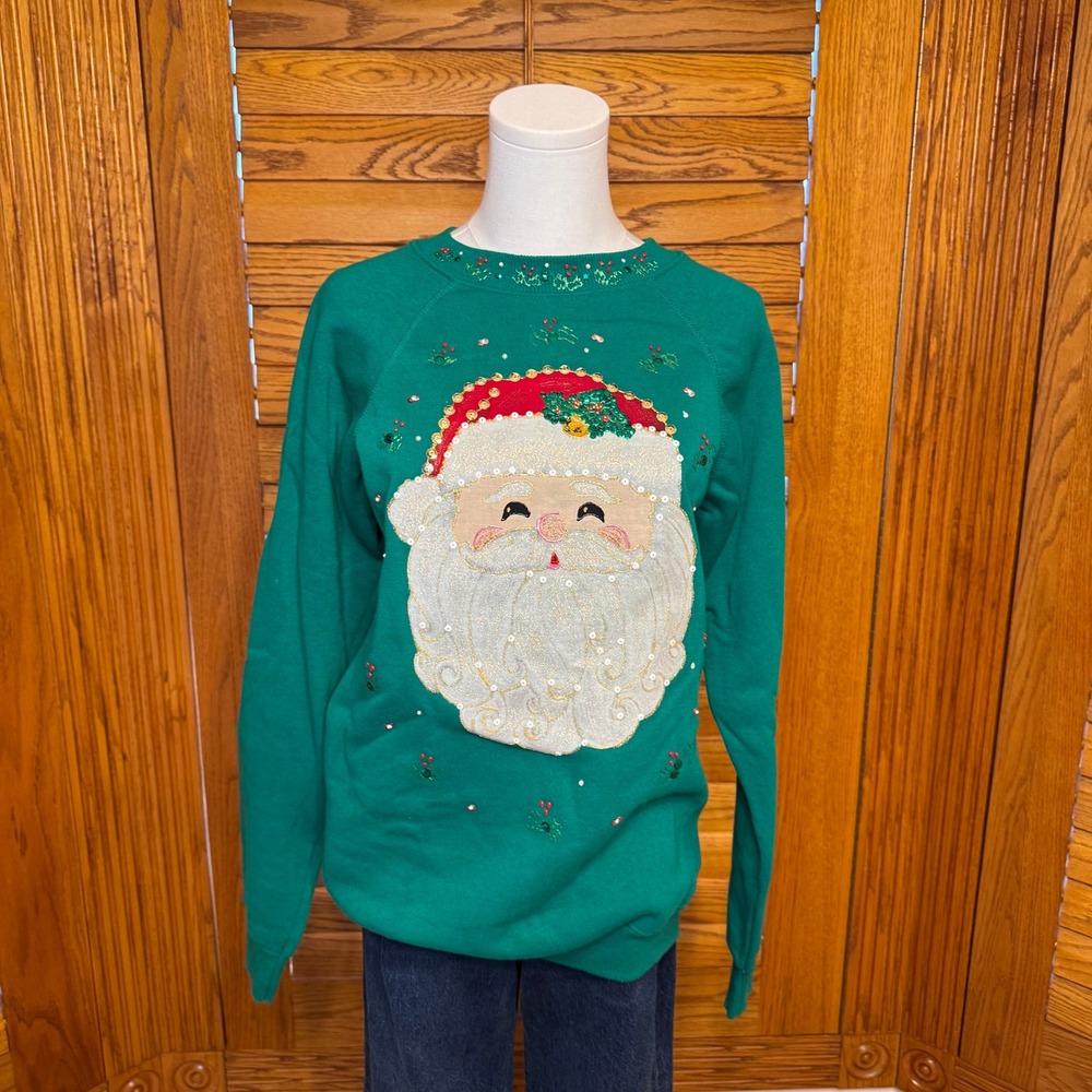 Vintage Ugly Christmas Sweater Santa Claus Sweatshirt Sequin Christmas Medium